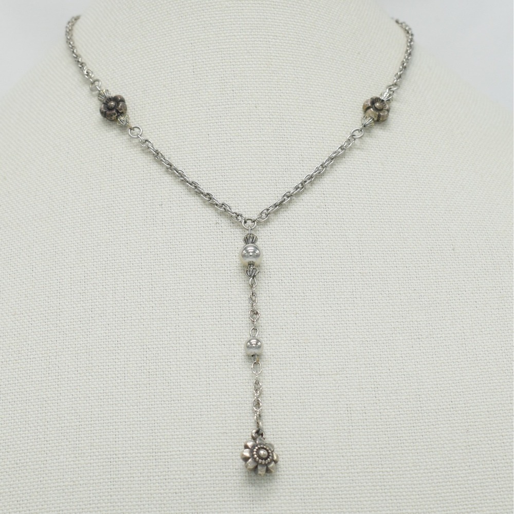 Silver Flower Y-Drop Necklace Floral Bead Dainty Fairy Boho Cottagecore Choker